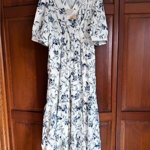 Chicwish White Maxi Dress with Navy Floral Print